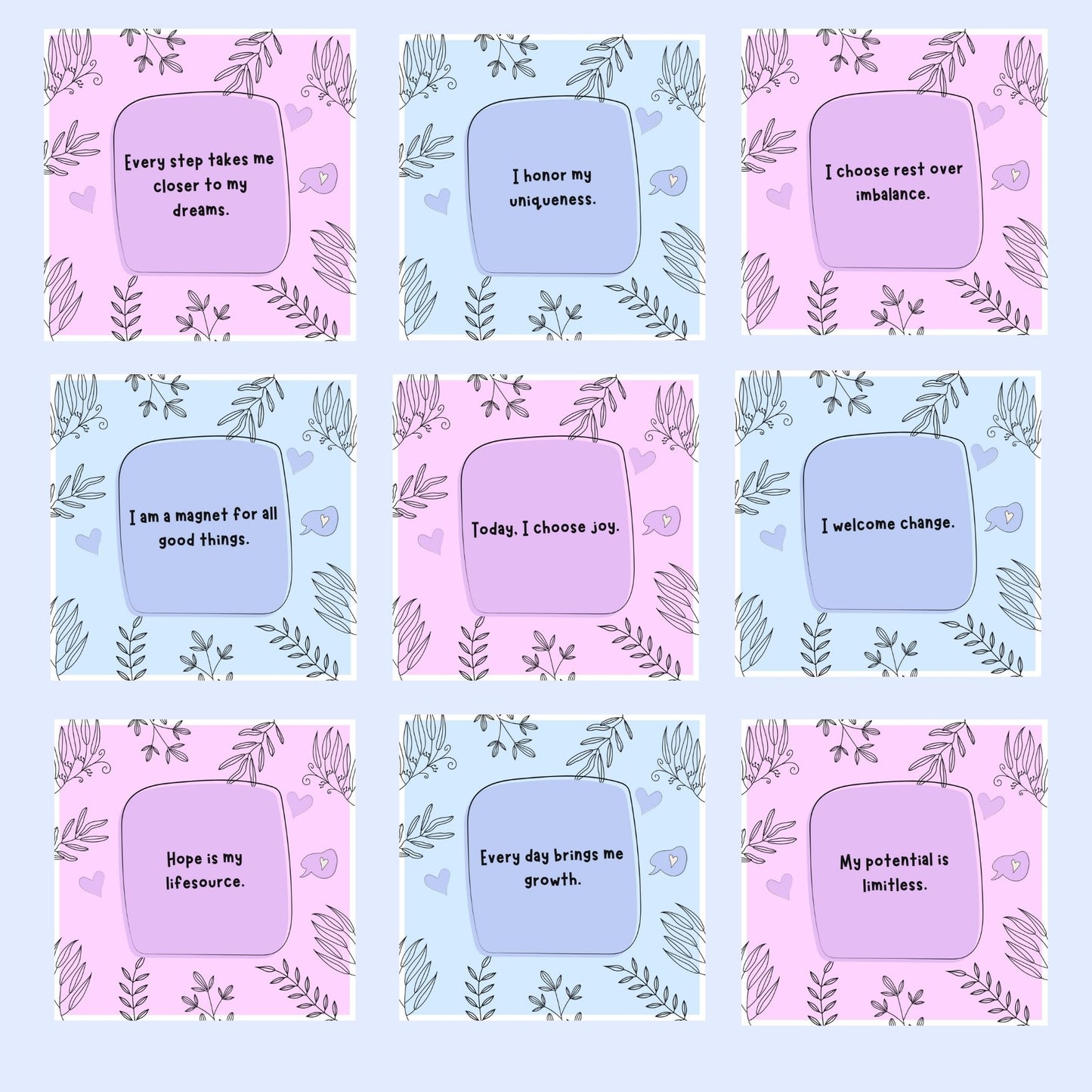 Positive Affirmation Cards - Pink And Blue Vines